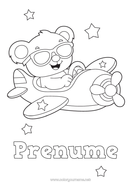 Pagină de colorat de imprimat Urs Avion Vehicule Ursuleț Animale Din Pădure Vehicule Aeriene Desen Animat Ochelari De Soare