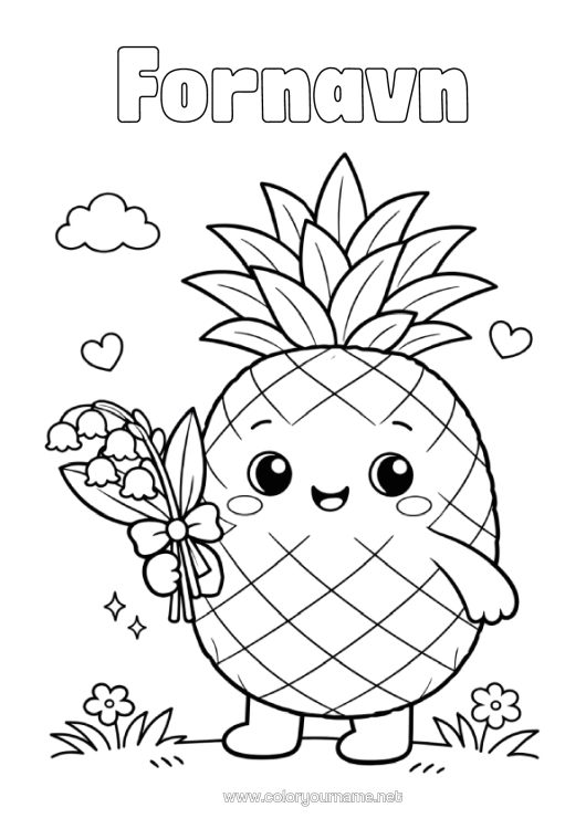 Farvelægningssiden til udskrivning Kawaii Liljekonval. Ananas 1. Maj
