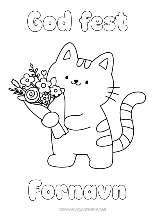 Fargeleggingssiden til utskrift Blomster Katt God Fest! Søt Fest Enkle Fargelegginger Hunder Og Katter Bukett