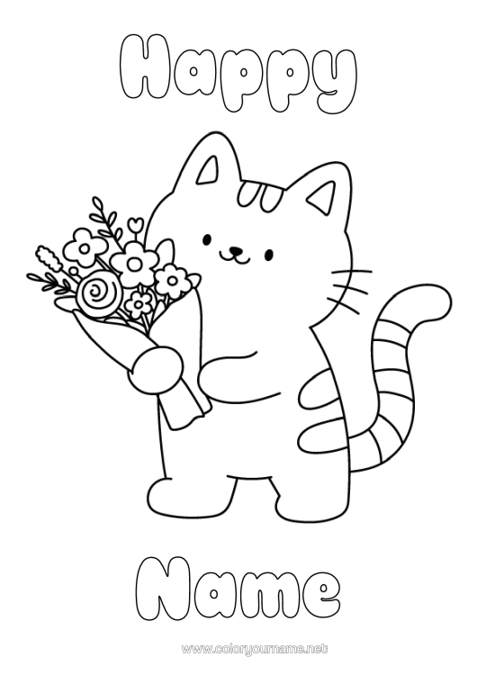 Coloring page to print Flowers Cat Happy Feast Day ! Kawaii Party Easy Coloring Pages Dog And Cat Bouquet