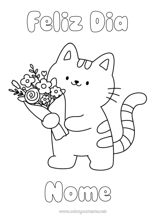 Página de desenho para imprimir Flores Gato Feliz Aniversário Kawaii Festa Desenhos Para Colorir Fáceis Cães E Gatos Buquê
