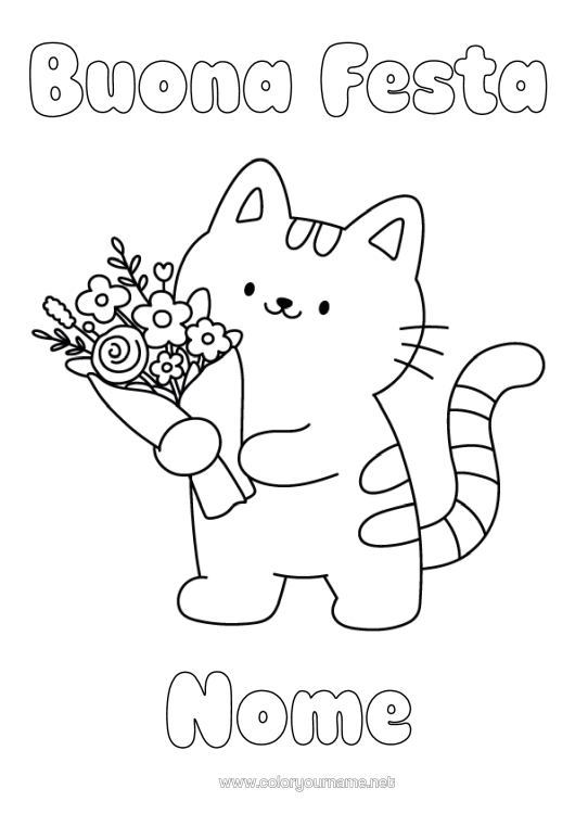 Pagina da colorare da stampare Fiori Gatto Buona Festa Kawaii Festa Disegni Da Colorare Facili Cani E Gatti Mazzo