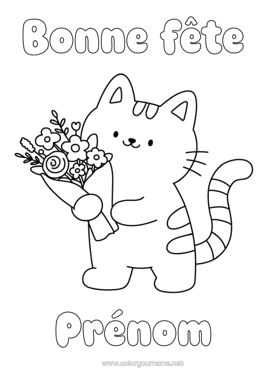Coloriage à imprimer Fleurs Chat Bonne Fête Kawaii Fête Coloriages Faciles Chiens Et Chats Bouquet