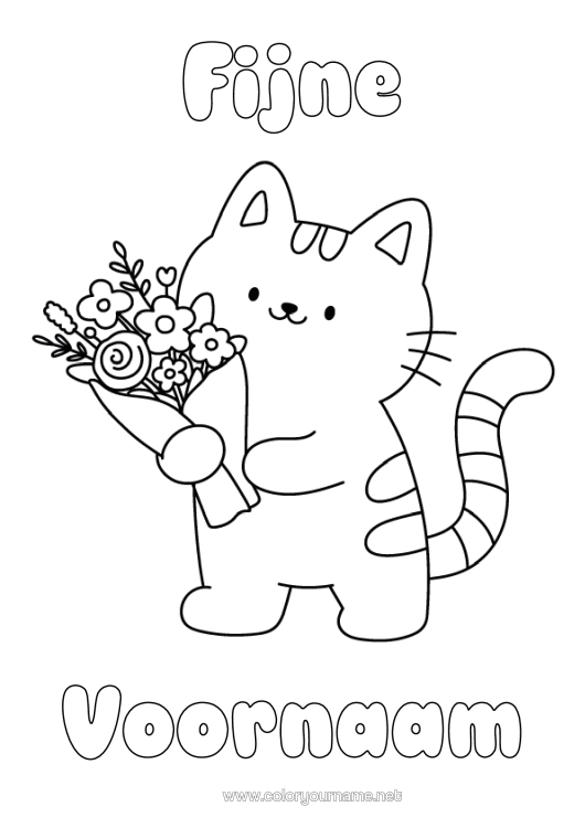 Kleurplaat om af te drukken Bloemen Kat Fijne Verjaardag Kawaii Feest Eenvoudige Kleurplaten Honden En Katten Boeket