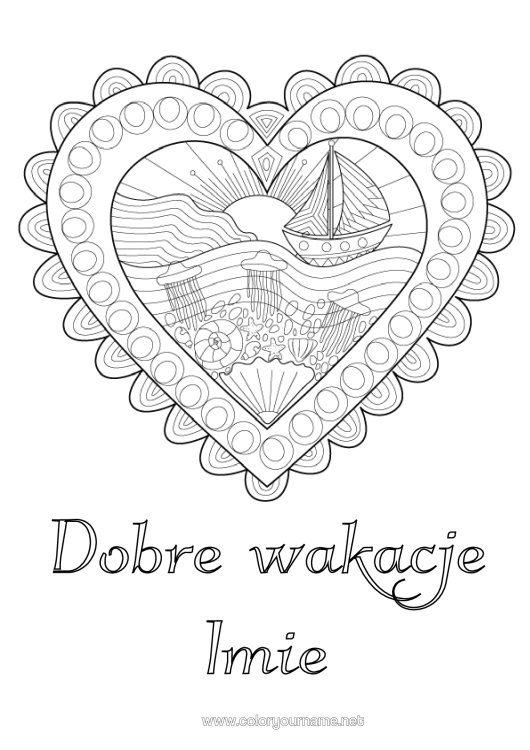 Kolorowanka do wydruku Serce Meduza Morze Łódź Doodle Zentangle Zwierzęta Morskie Lub Wodne Pojazdy Morskie