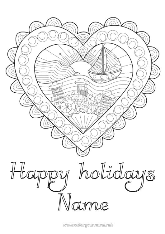Coloring page to print Heart Jellyfish Sea Boat Doodle Zentangle Marine Or Aquatic Animals Maritime Vehicles