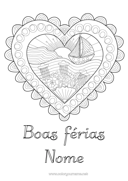 Página de desenho para imprimir Coração Águas-Vivas Mar Barco Doodle Zentangle Animais Marinhos Ou Aquáticos Veículos Marítimos