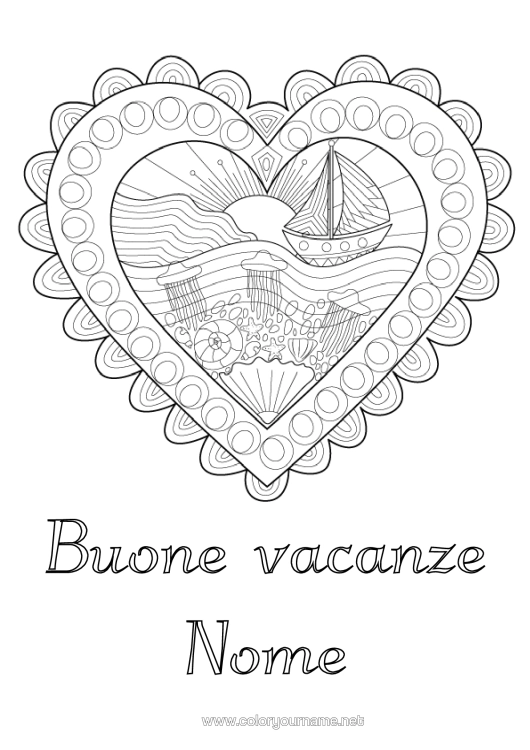 Pagina da colorare da stampare Cuore Medusa Mare Barca Scarabocchio Zentangle Animali Marini O Acquatici Veicoli Marittimi