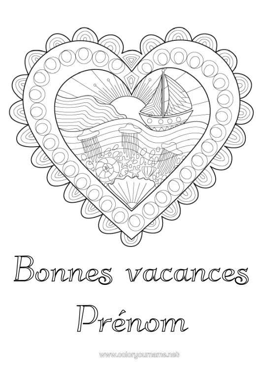 Coloriage à imprimer Coeur Méduse Mer Bateau Doodle Zentangle Animaux Marins Ou Aquatique Véhicules Maritimes