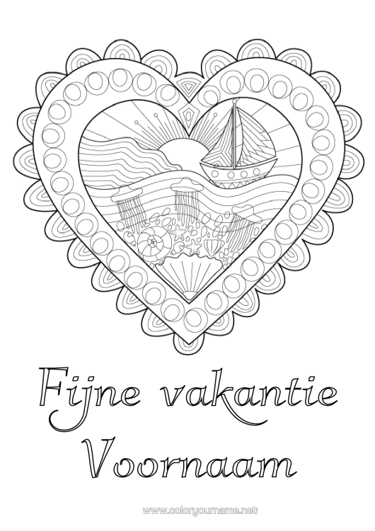 Kleurplaat om af te drukken Hart Kwal Zee Boot Doodle Zentangle Zeedieren Maritieme Voertuigen