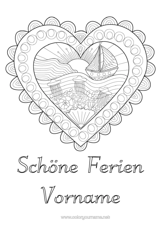 Malvorlage zum Ausdrucken Herz Qualle Meer Boot Gekritzel Zentangle Meeres- Oder Wasserlebewesen Seefahrzeuge