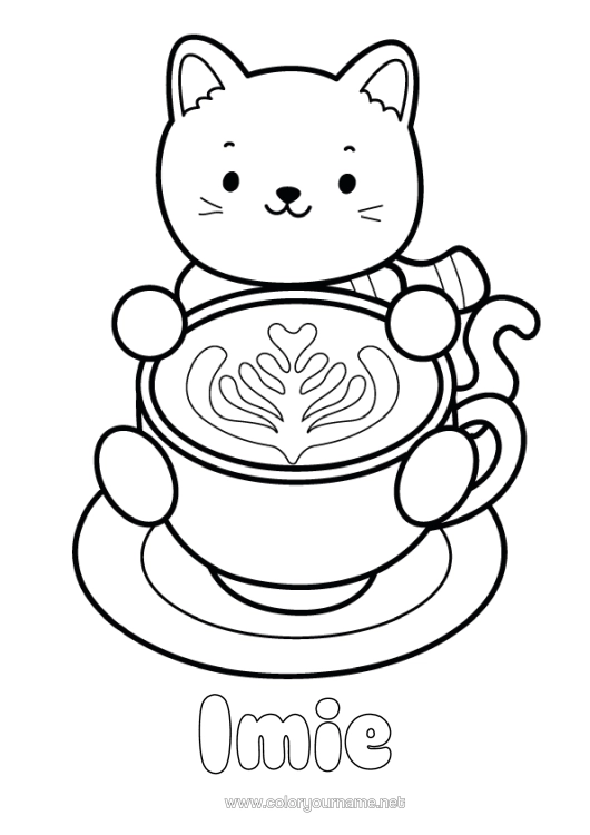 Kolorowanka do wydruku Serce Kot Uroczy Kawiarnia Napój Łatwe Kolorowanki Psy I Koty