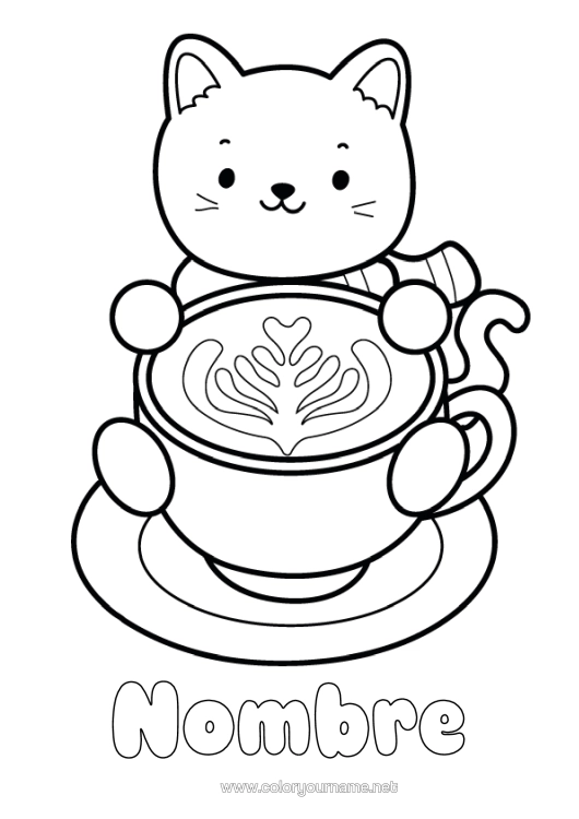 Dibujo para colorear para imprimir Corazón Cat Kawaii Café Bebidas Dibujos Fáciles Para Colorear Perros Y Gatos