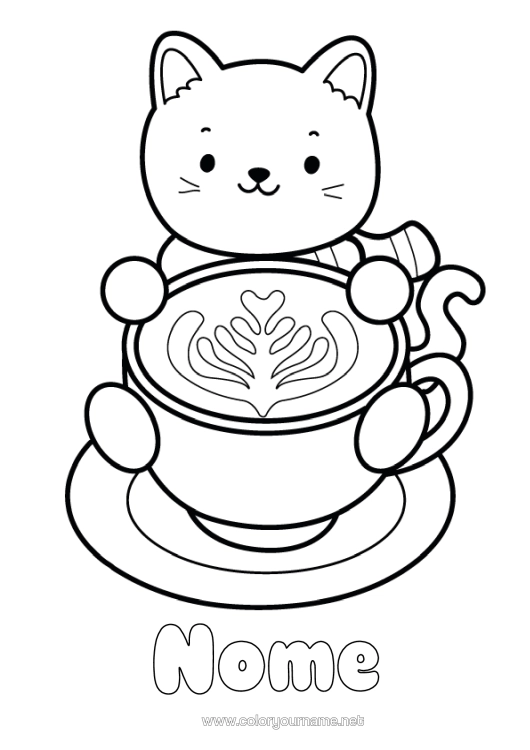 Pagina da colorare da stampare Cuore Gatto Kawaii Caffè Bevanda Disegni Da Colorare Facili Cani E Gatti
