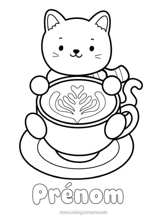 Coloriage à imprimer Coeur Chat Kawaii Café Boisson Coloriages Faciles Chiens Et Chats