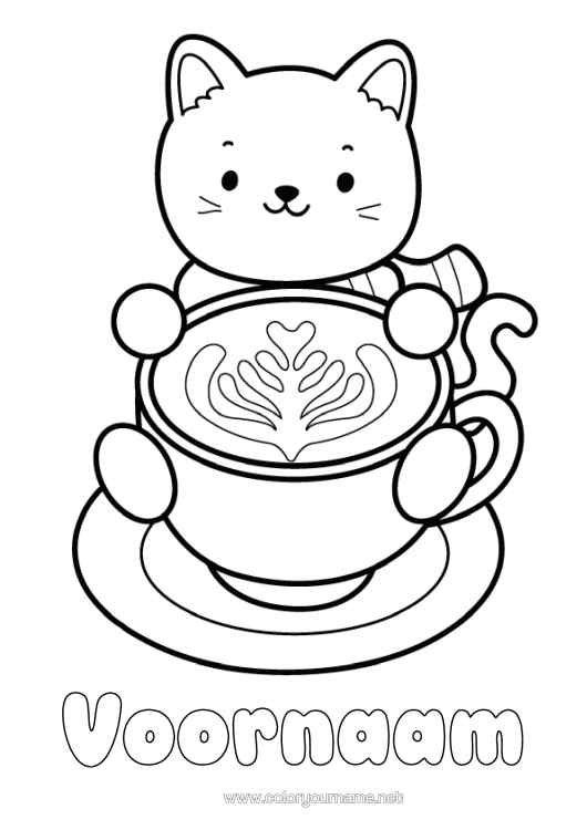 Kleurplaat om af te drukken Hart Kat Kawaii Koffie Drankje Eenvoudige Kleurplaten Honden En Katten