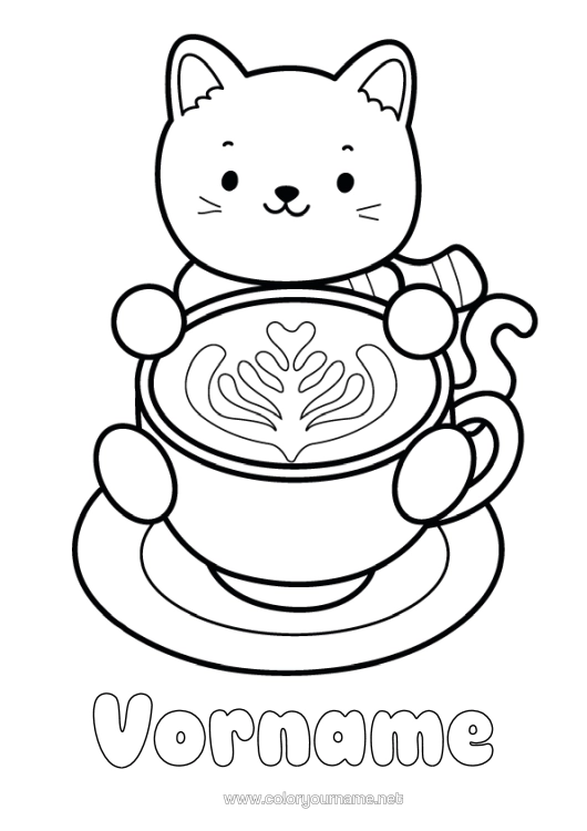 Malvorlage zum Ausdrucken Herz Katze Kawaii Kaffee Getränk Einfache Ausmalbilder Hunde Und Katzen