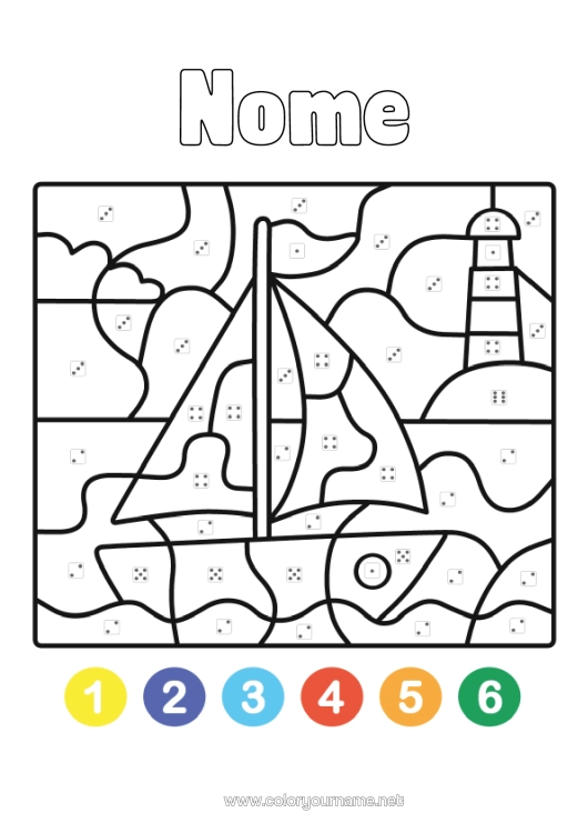 Pagina da colorare da stampare Colorare Per Numeri Attività Per Bambini Barca Vela Disegni Da Colorare Facili Faro Veicoli Marittimi Colorazione Per Numeri Con Dado.
