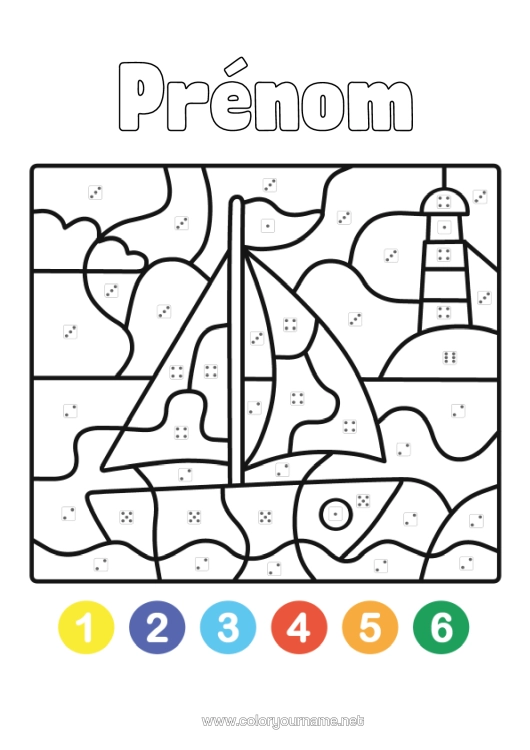 Coloriage à imprimer Coloriages Magiques Activités Enfants Bateau Voilier Coloriages Faciles Phare Véhicules Maritimes Coloriage Par Numéro Avec Dé