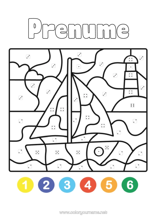 Pagină de colorat de imprimat Desene Magice De Colorat Activități Pentru Copii Barcă Vapor Cu Pânze Desene De Colorat Ușoare Far Vehicule Maritime Colorare După Numere Cu Un Zar.