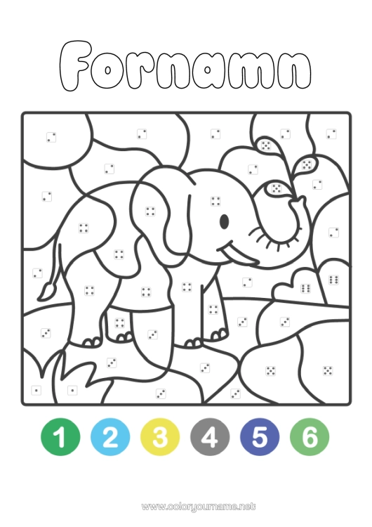 Färgläggningssida att skriva ut Elefant Magiska Målarbilder Barnaktiviteter Lätta Målarbilder Afrikas Vilda Djur Måla Efter Siffror Med En Tärning.