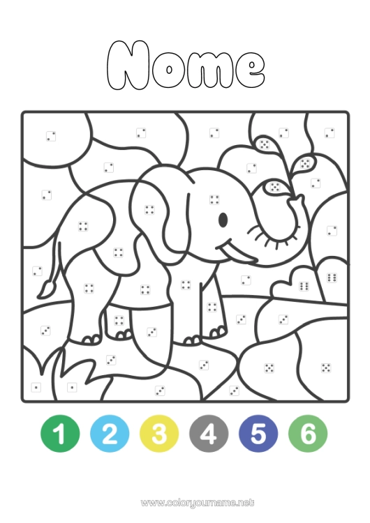 Pagina da colorare da stampare Elefante Colorare Per Numeri Attività Per Bambini Disegni Da Colorare Facili Animali Selvatici Dell'africa Colorazione Per Numeri Con Dado.