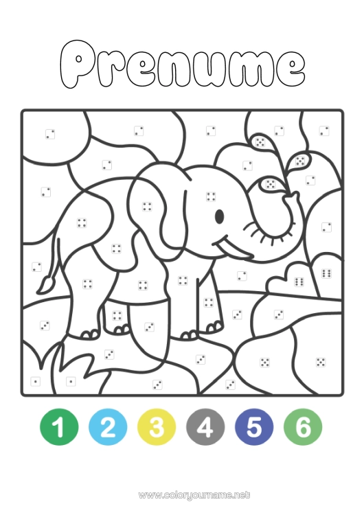 Pagină de colorat de imprimat Elefant Desene Magice De Colorat Activități Pentru Copii Desene De Colorat Ușoare Animale Sălbatice Din Africa Colorare După Numere Cu Un Zar.