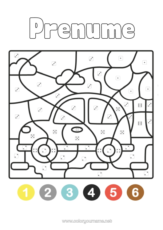 Pagină de colorat de imprimat Vehicule Desene Magice De Colorat Mașină Desene De Colorat Ușoare Mașini, Furgonete Și Autorulote Colorare După Numere Cu Un Zar.