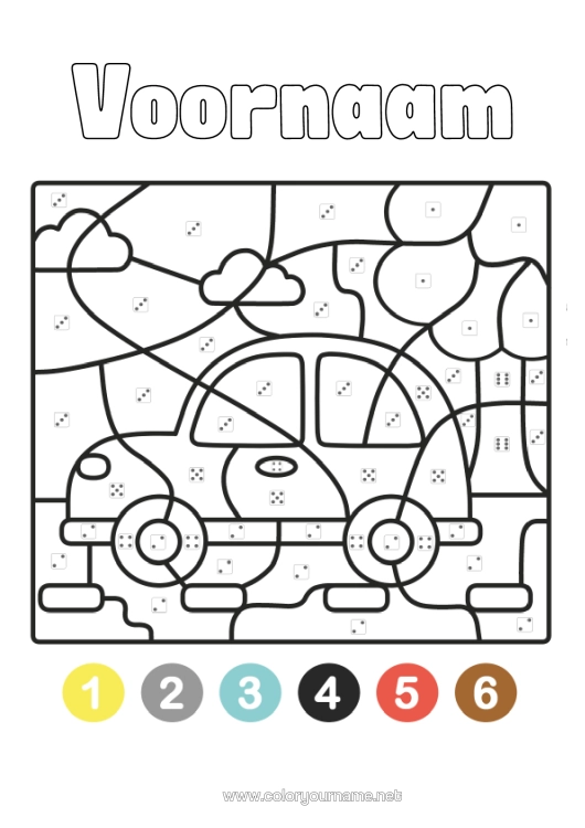 Kleurplaat om af te drukken Voertuigen Kleuren Op Nummer Auto Eenvoudige Kleurplaten Auto's, Busjes En Campers Kleurplaat Op Nummer Met Een Dobbelsteen.