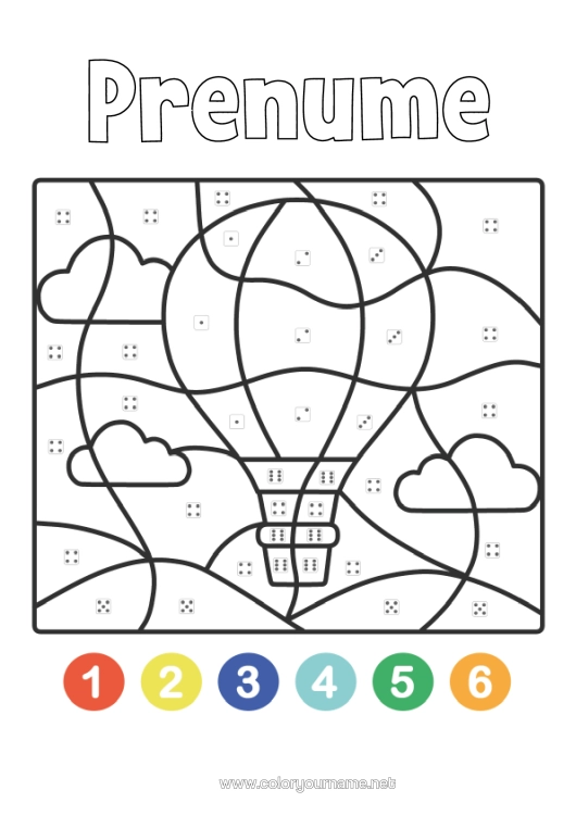 Pagină de colorat de imprimat Vehicule Desene Magice De Colorat Activități Pentru Copii Balon Cu Aer Cald Desene De Colorat Ușoare Vehicule Aeriene Colorare După Numere Cu Un Zar.