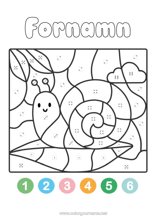 Färgläggningssida att skriva ut Magiska Målarbilder Barnaktiviteter Djur Snigel Lätta Målarbilder Måla Efter Siffror Med En Tärning.