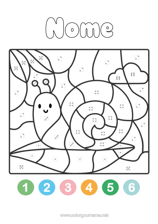 Pagina da colorare da stampare Colorare Per Numeri Attività Per Bambini Animale Chiocciola Disegni Da Colorare Facili Colorazione Per Numeri Con Dado.
