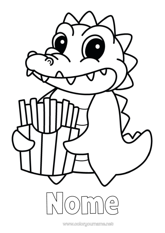 Pagina da colorare da stampare Kawaii Coccodrillo Animale Disegni Da Colorare Facili Rettili Patatine