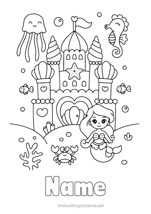 Colouring page to print Castle Cute Jellyfish Sea Siren Seahorse Fairy Tale Shellfish Marine Or Aquatic Animals