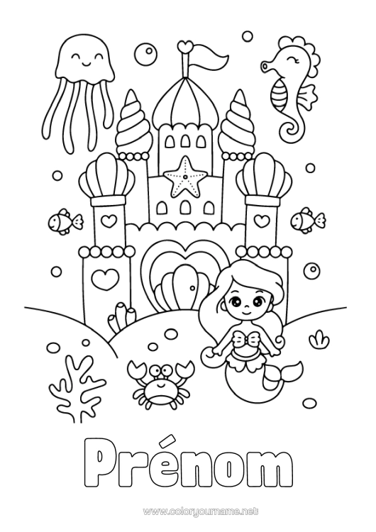 Coloriage à imprimer Château Kawaii Méduse Mer Sirène Hippocampe Conte De Fées Coquillages Animaux Marins Ou Aquatique