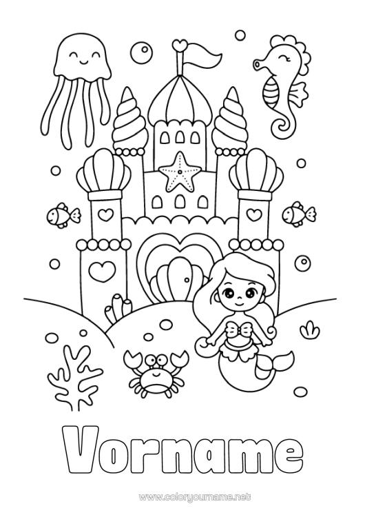 Malvorlage zum Ausdrucken Burg Kawaii Qualle Meer Meerjungfrau Seepferdchen Märchen Muscheln Meeres- Oder Wasserlebewesen