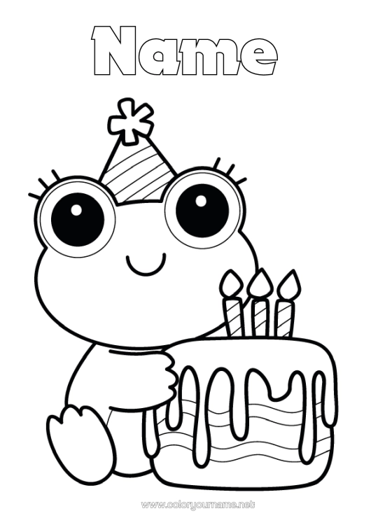 Colouring page to print Birthday Frog Animal Hat Easy Colouring Pages Marine Or Aquatic Animals Birthday Cake Party Hat