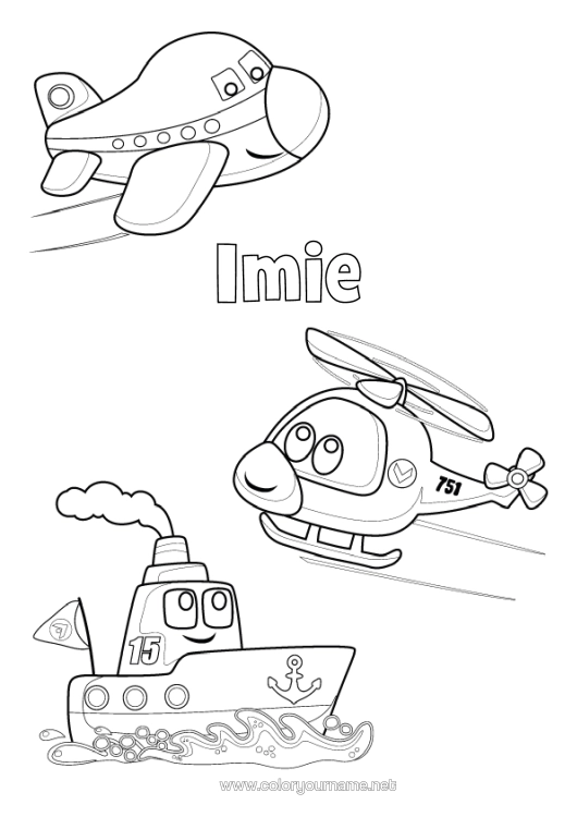 Kolorowanka do wydruku Samolot Pojazdy Łódź Śmigłowiec Pojazdy Powietrzne Pojazdy Morskie Kreskówka Pojazdy Postaci