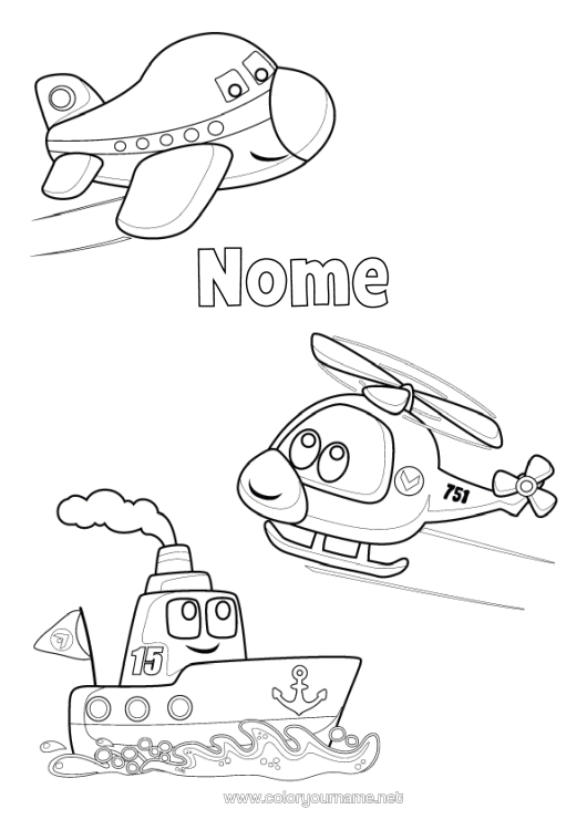 Página de desenho para imprimir Avião Veículos Barco Helicóptero Veículos Aéreos Veículos Marítimos Desenho Animado Veículos Personagens