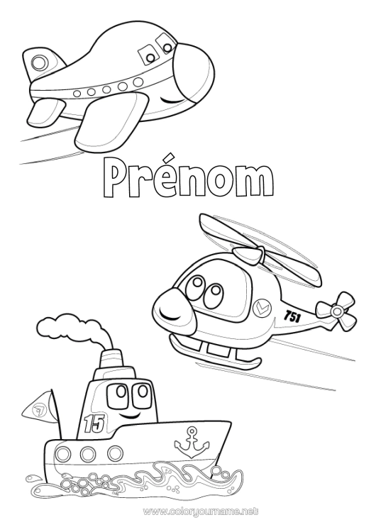 Coloriage à imprimer Avion Véhicules Bateau Hélicoptère Véhicules Aériens Véhicules Maritimes Cartoon Véhicules Personnages