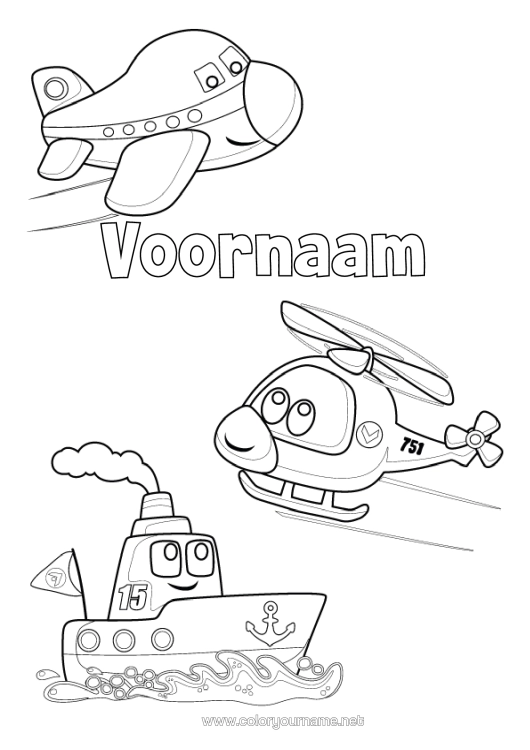 Kleurplaat om af te drukken Vliegtuig Voertuigen Boot Helikopter Luchtvaartuigen Maritieme Voertuigen Cartoon Voertuigpersonages