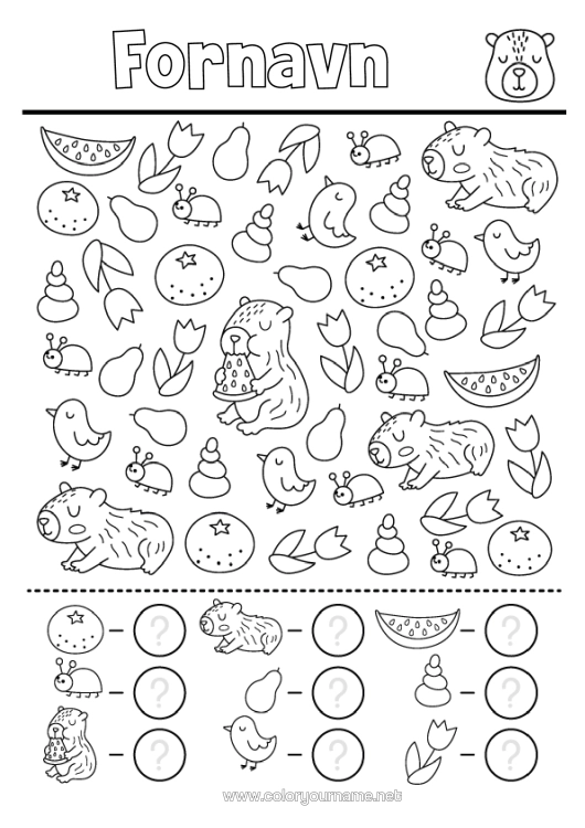 Fargeleggingssiden til utskrift Blomster Fugl Barnaktiviteter Tulipan Søk Og Finn Frukter Fugler Og Flygende Pattedyr Andre Dyr I Verden Oransje Kapibara Tell Og Farglegg