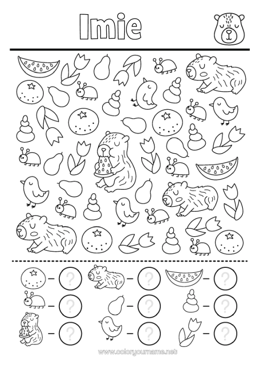 Kolorowanka do wydruku Kwiaty Ptak Aktywności Dla Dzieci Tulipan Szukaj I Znajdź Owoce Ptaki I Latające Ssaki Inne Zwierzęta Świata Pomarańczowy Kapibara Liczy I Koloruje