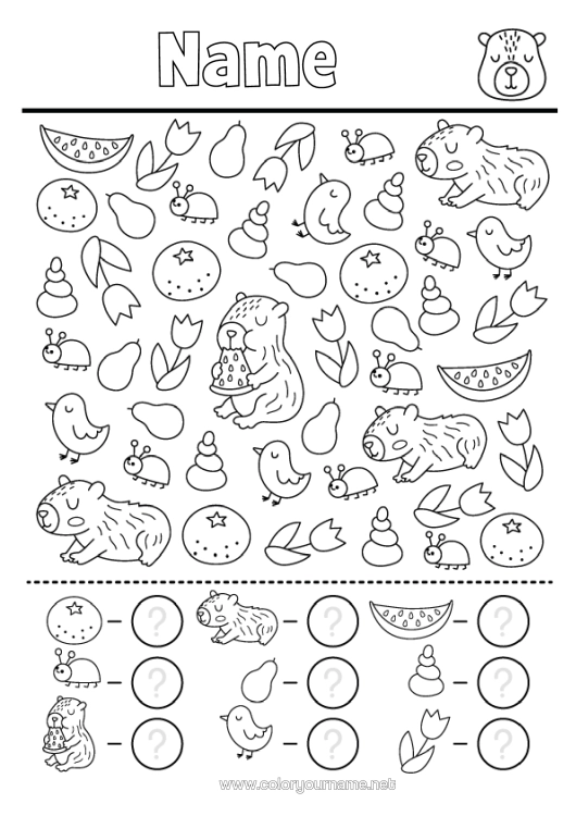 Colouring page to print Flowers Bird Children's Activities Tulip Search And Find Fruit Birds And Flying Mammals Other Animals Of The World Orange Capybara Count And Colour.