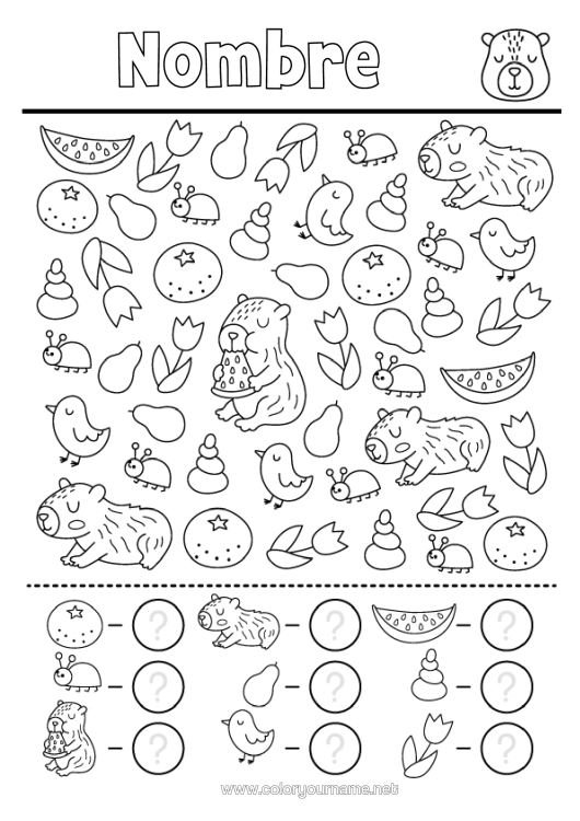 Dibujo para colorear para imprimir Flores Pájaro Actividades Para Niños Tulipán Buscar Y Encontrar Frutas Aves Y Mamíferos Voladores Otros Animales Del Mundo Naranja Capibara Cuenta Y Colorea