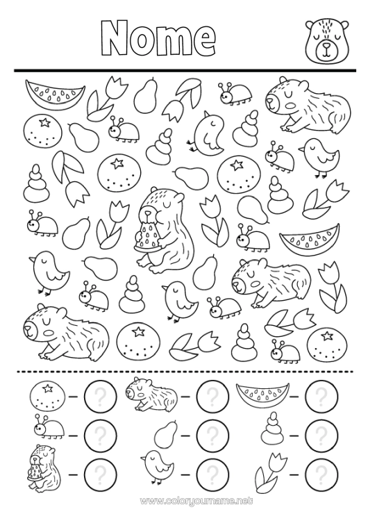 Página de desenho para imprimir Flores Pássaro Atividades Para Crianças Tulipa Ache E Encontre Frutas Pássaros E Mamíferos Voadores Outros Animais Do Mundo Laranja Capivara Conta E Colorir