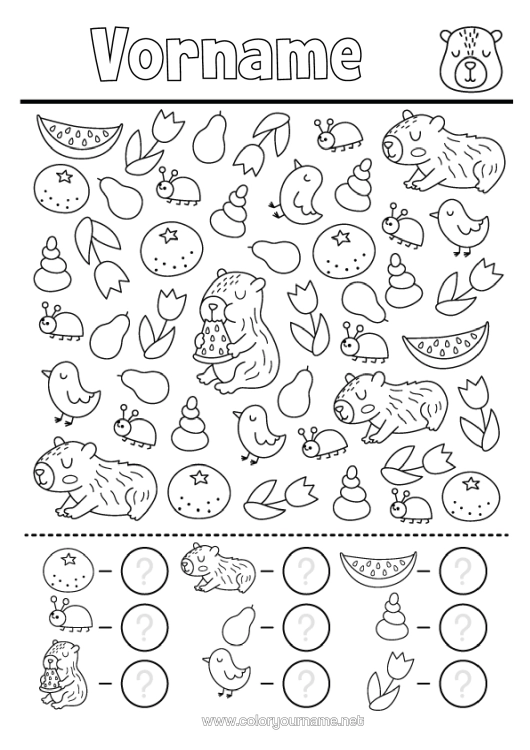 Malvorlage zum Ausdrucken Blumen Vogel Kinderaktivitäten Tulpe Finde Und Entdecke Früchte Vögel Und Fliegende Säugetiere Andere Tiere Der Welt Orange Capybara Zähle Und Male Aus