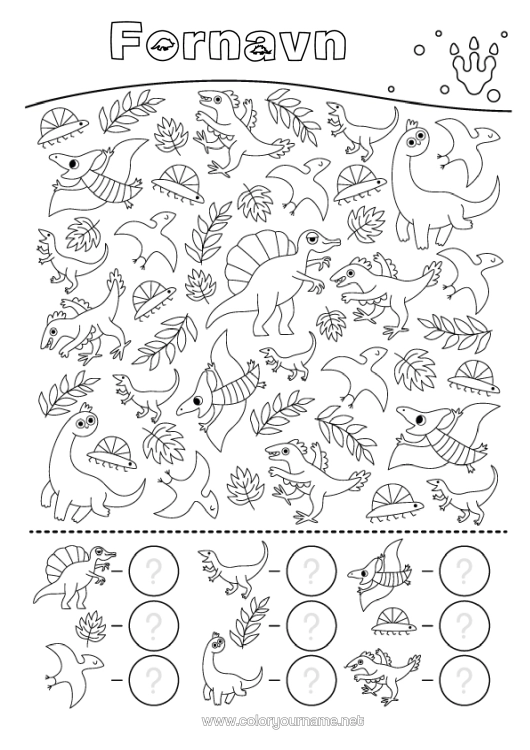 Fargeleggingssiden til utskrift Dinosaurer Barnaktiviteter Diplodocus Triceratops Søk Og Finn Plesiosaur Parasaurolophus Tell Og Farglegg