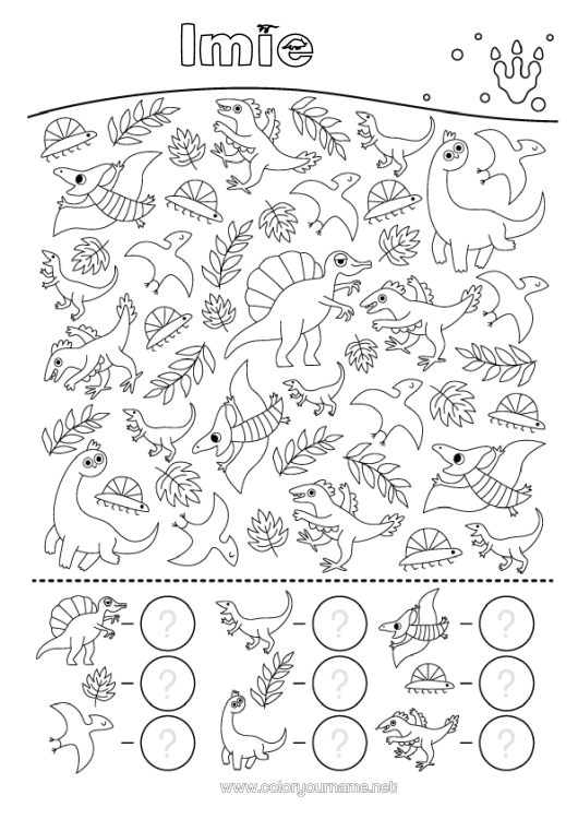 Kolorowanka do wydruku Dinozaury Aktywności Dla Dzieci Diplodok Triceratops Szukaj I Znajdź Plesiozaur Parasaurolophus Liczy I Koloruje