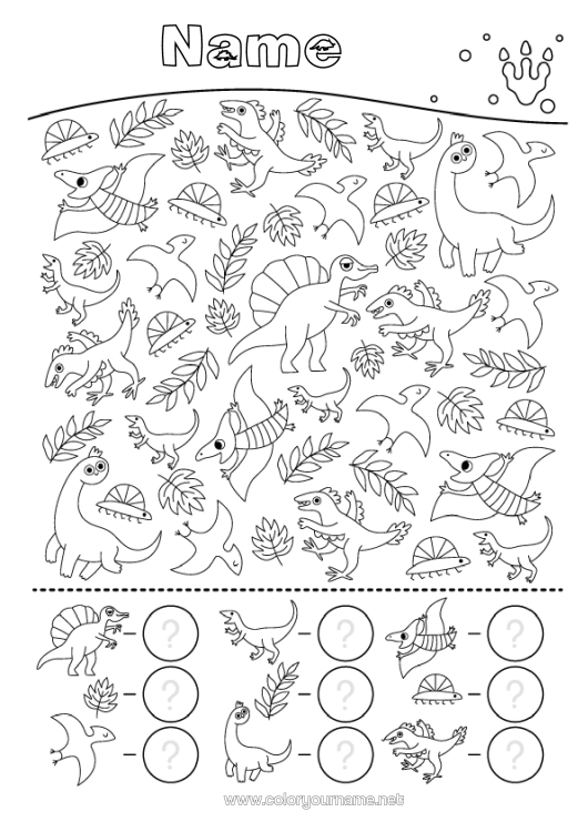 Colouring page to print Dinosaurs Children's Activities Animal Diplodocus Triceratops Search And Find Plesiosaur Parasaurolophus Count And Colour.